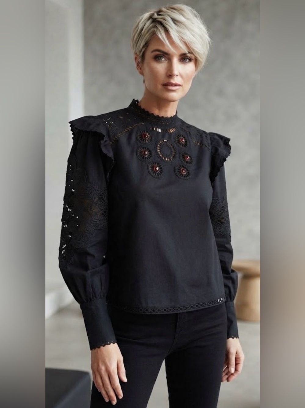 FARM Rio Black Eyelet Lace Long Sleeve Blouse with Ruffle Shoulders & Ladybugs S